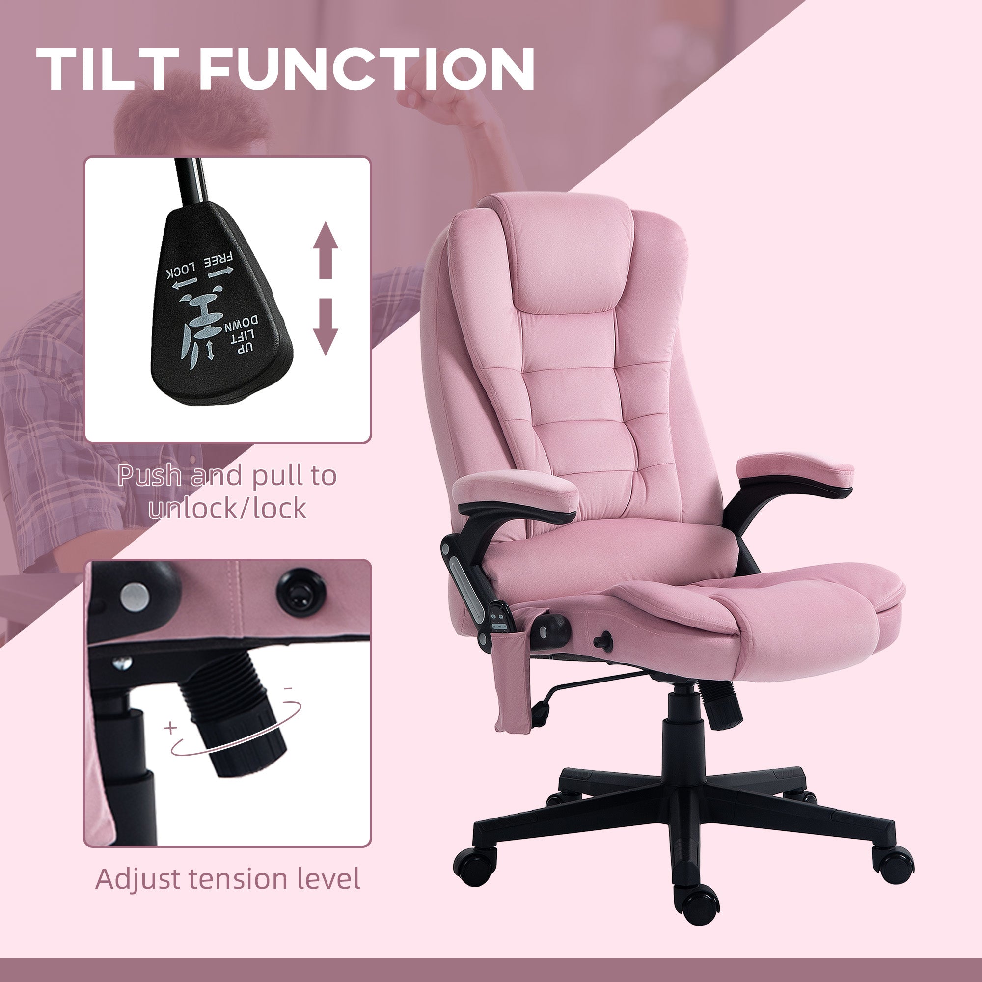 Reclining Massage Office Chair, Pink High-Back, 6 Massage Points, Swivel Wheels-DECOROLALA