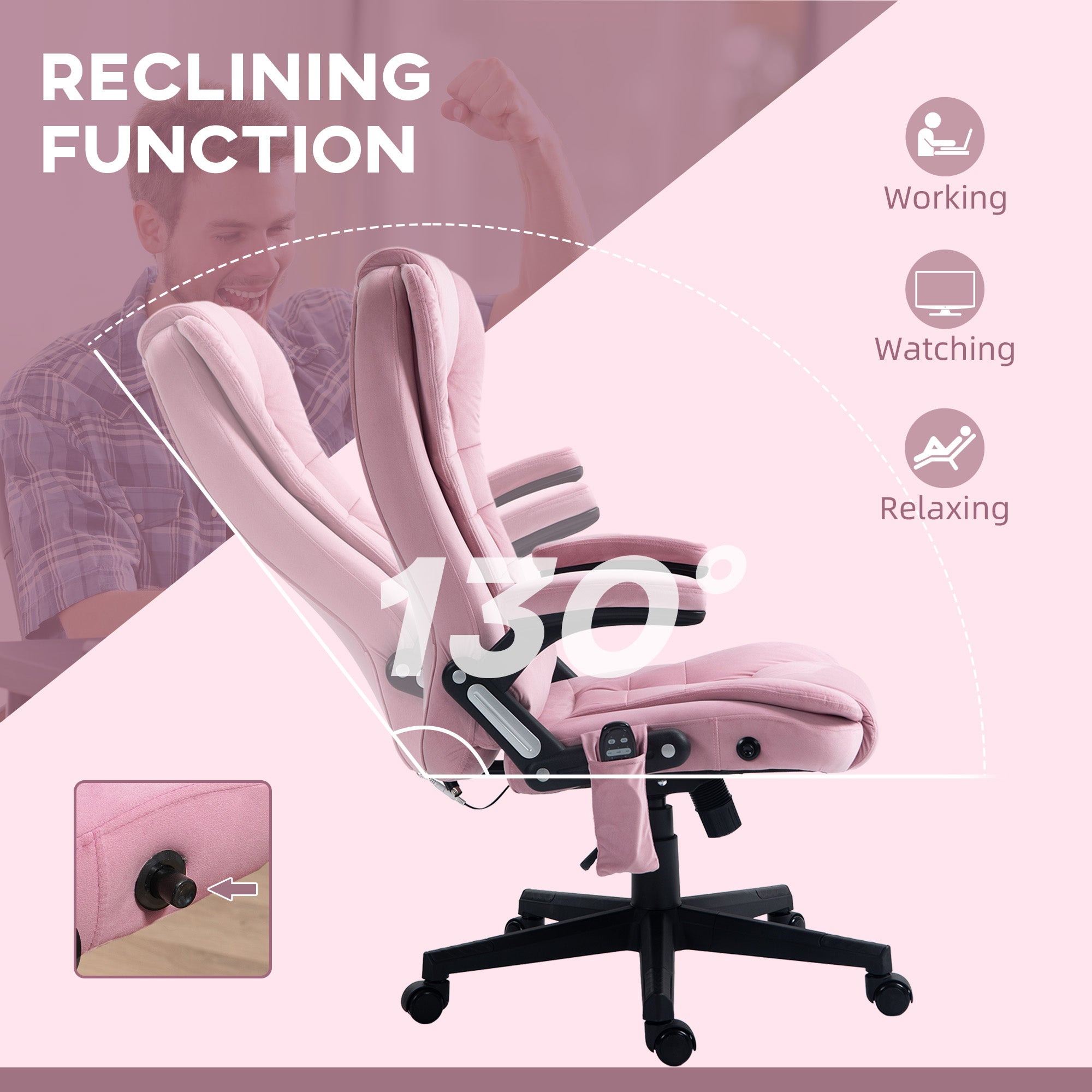 Reclining Massage Office Chair, Pink High-Back, 6 Massage Points, Swivel Wheels-DECOROLALA