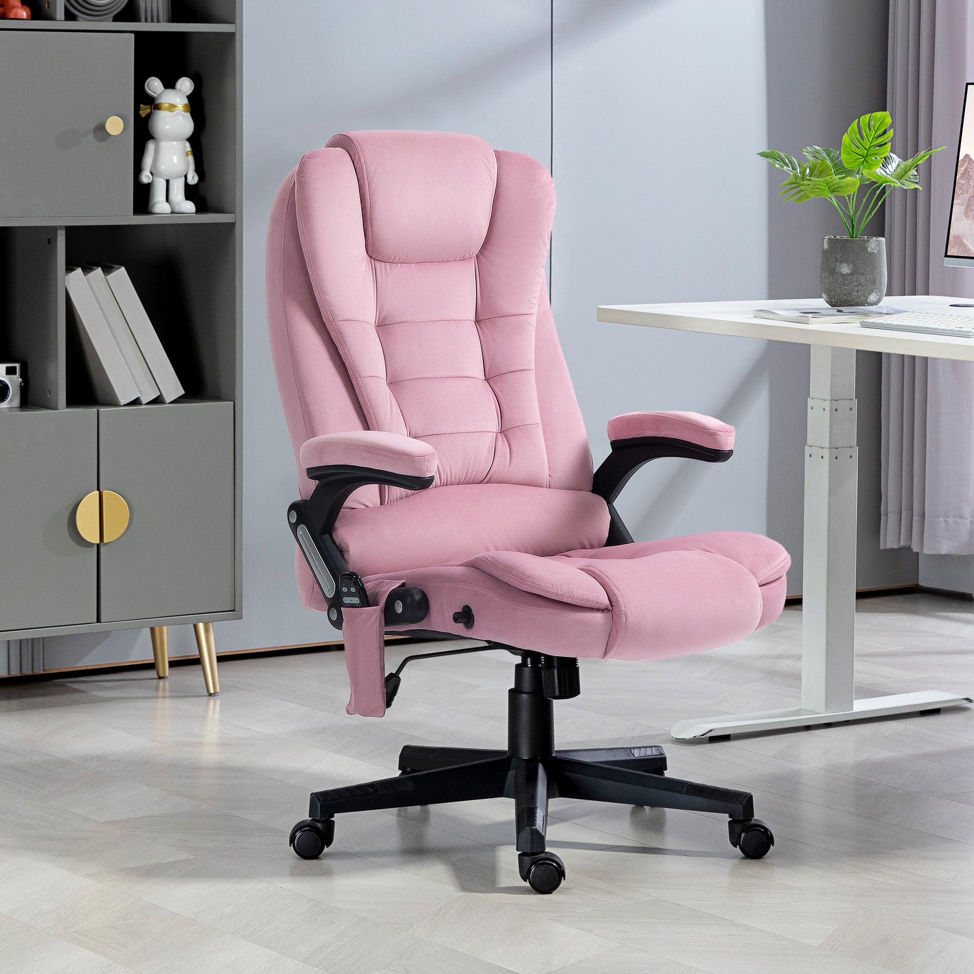 Reclining Massage Office Chair, Pink High-Back, 6 Massage Points, Swivel Wheels-DECOROLALA