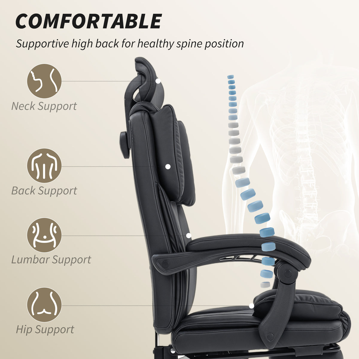 Reclining Office Chair - Pet-Friendly Fabric Black Footrest-Office Products > Office Furniture > Office Chairs > Executive & Manager Chairs-DECOROLALA