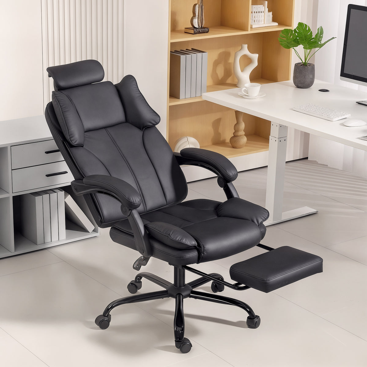 Reclining Office Chair - Pet-Friendly Fabric Black Footrest-Office Products > Office Furniture > Office Chairs > Executive & Manager Chairs-DECOROLALA