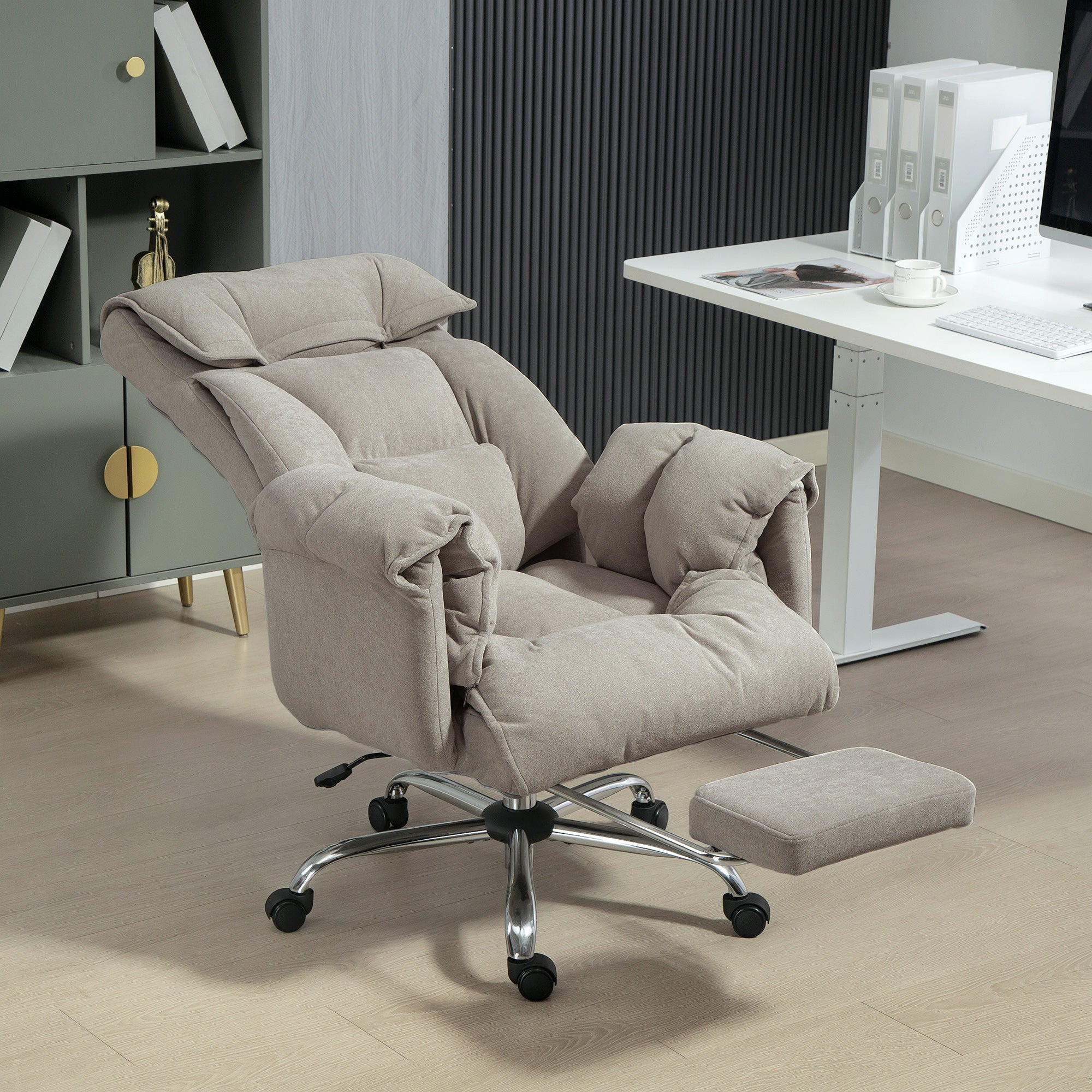 Reclining Office Chair with Footrest - Light Grey Flannel-DECOROLALA