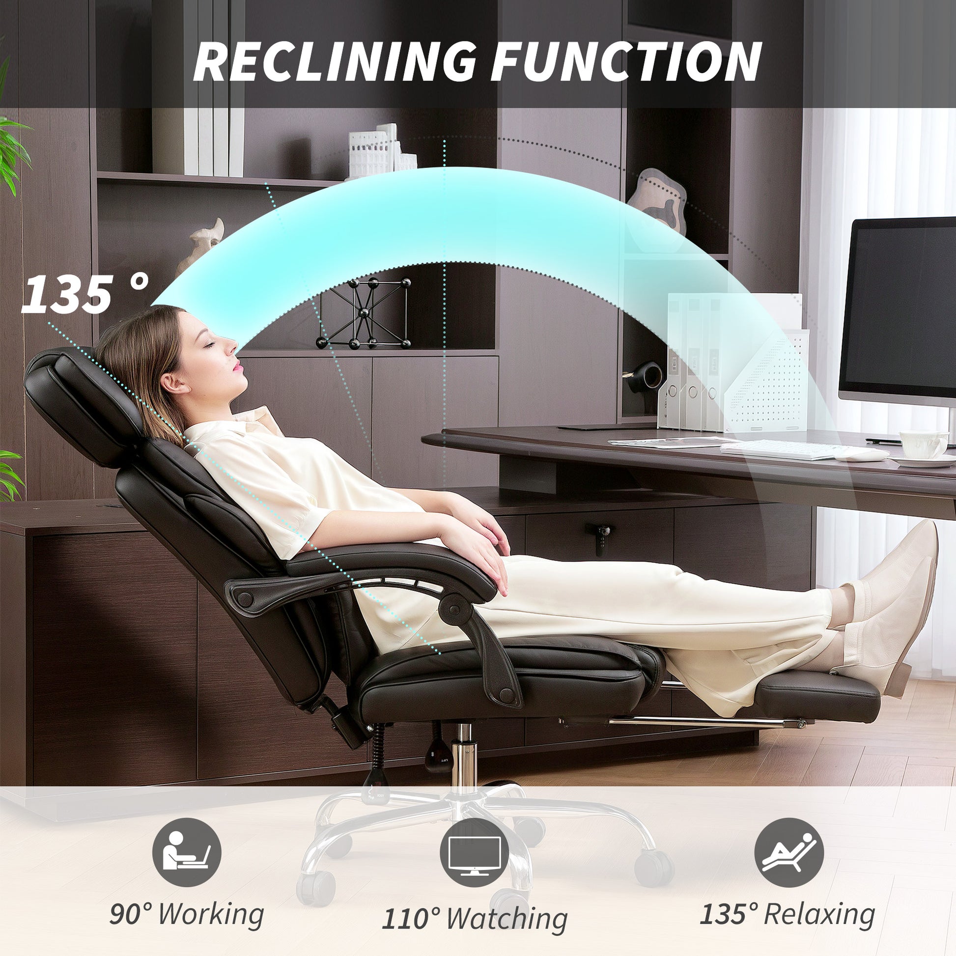 Reclining PU Leather Office Chair with Footrest - Black-Office Products > Office Furniture > Office Chairs > Executive & Manager Chairs-DECOROLALA