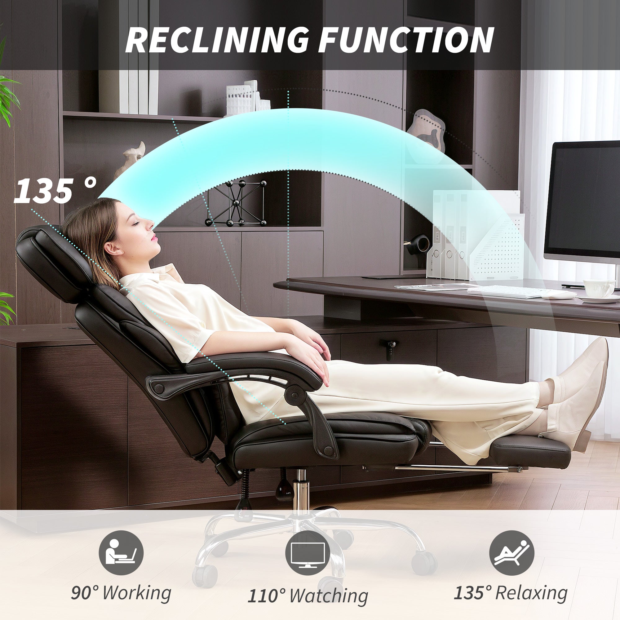 Reclining PU Leather Office Chair with Footrest - Black-Office Products > Office Furniture > Office Chairs > Executive & Manager Chairs-DECOROLALA
