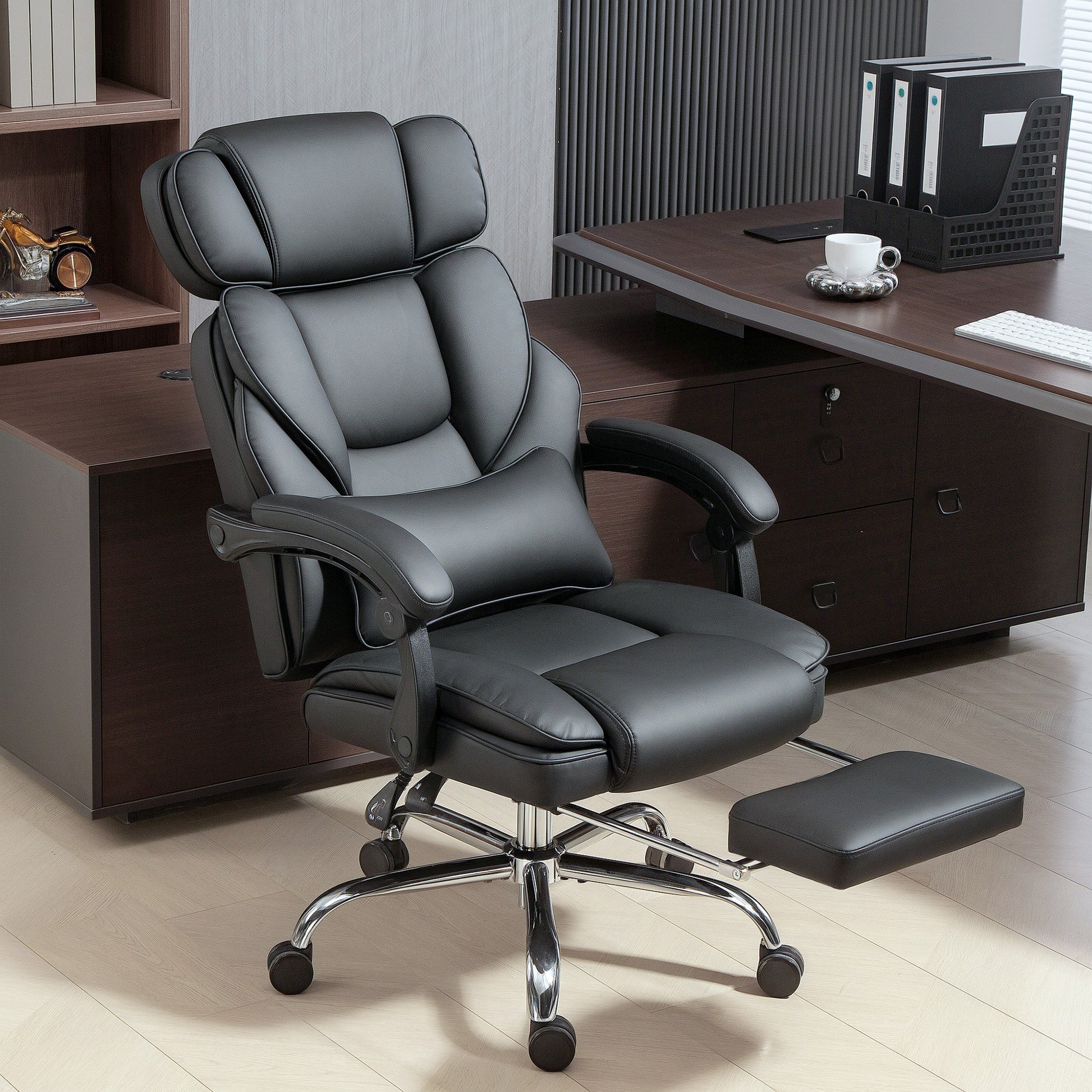 Reclining PU Leather Office Chair with Footrest - Black-Office Products > Office Furniture > Office Chairs > Executive & Manager Chairs-DECOROLALA