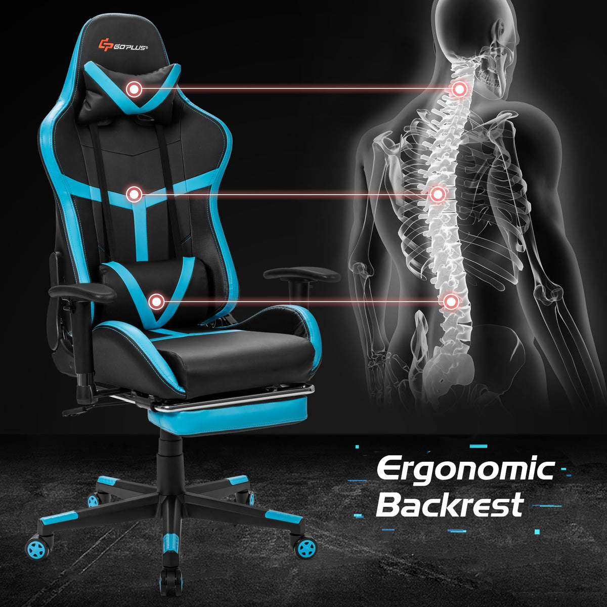 Reclining Racing Chair with Lumbar Support Footrest-Blue-Gaming Chairs-DECOROLALA