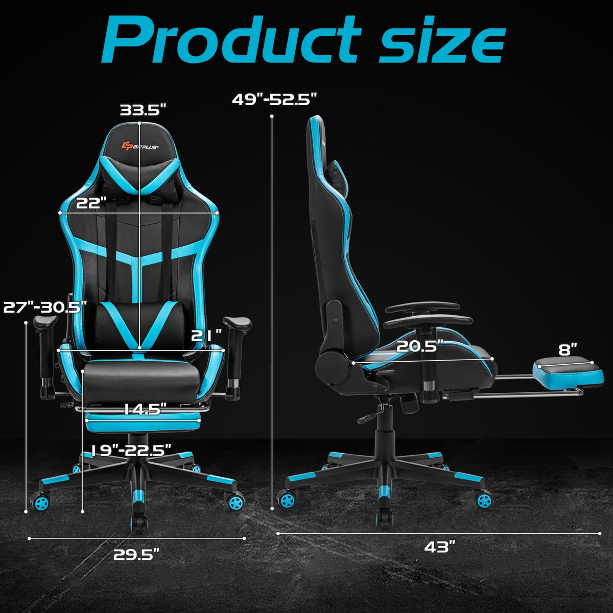 Reclining Racing Chair with Lumbar Support Footrest-Blue-Gaming Chairs-DECOROLALA