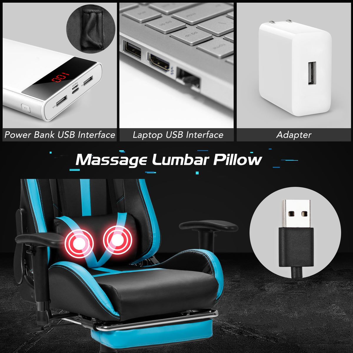 Reclining Racing Chair with Lumbar Support Footrest-Blue-Gaming Chairs-DECOROLALA