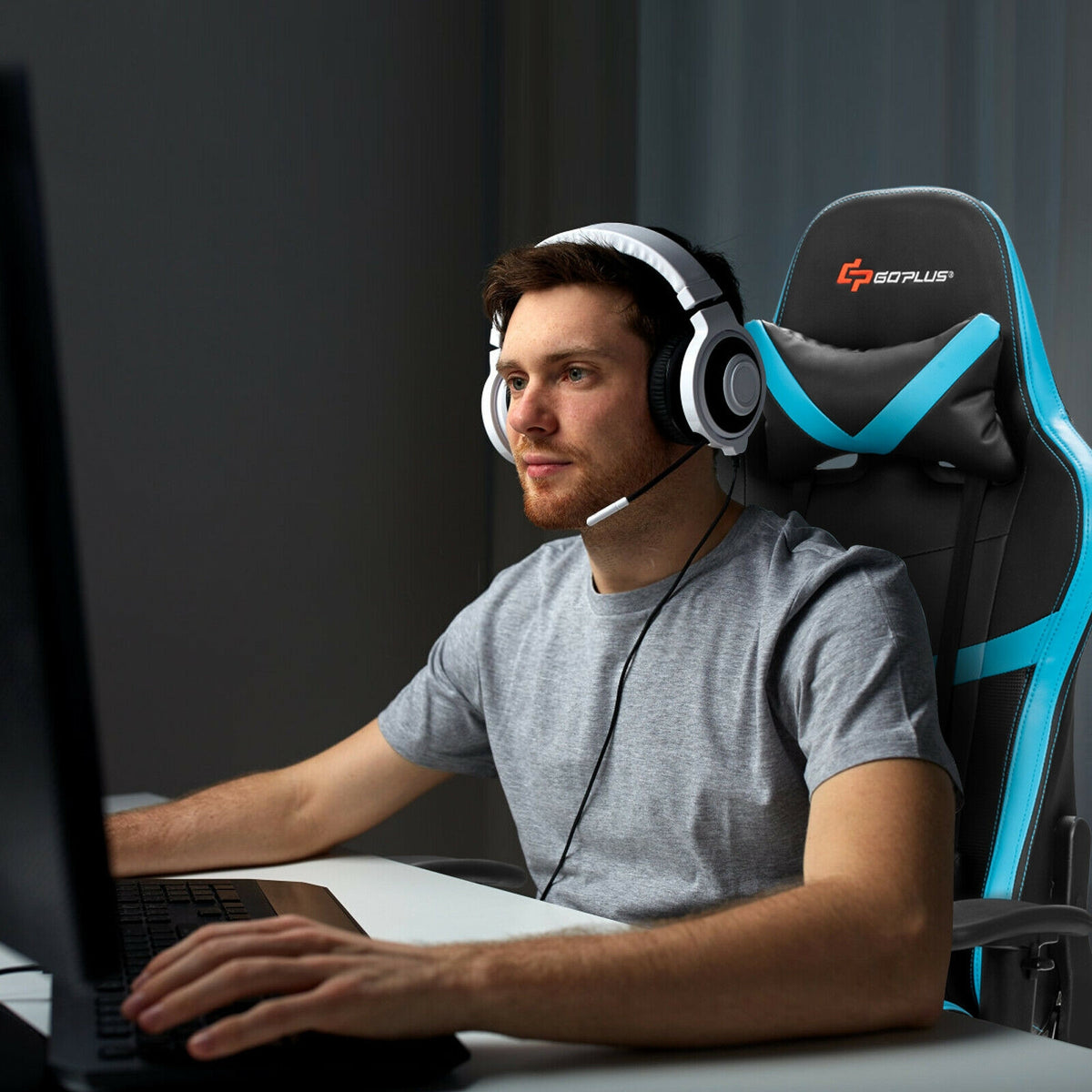 Reclining Racing Chair with Lumbar Support Footrest-Blue-Gaming Chairs-DECOROLALA