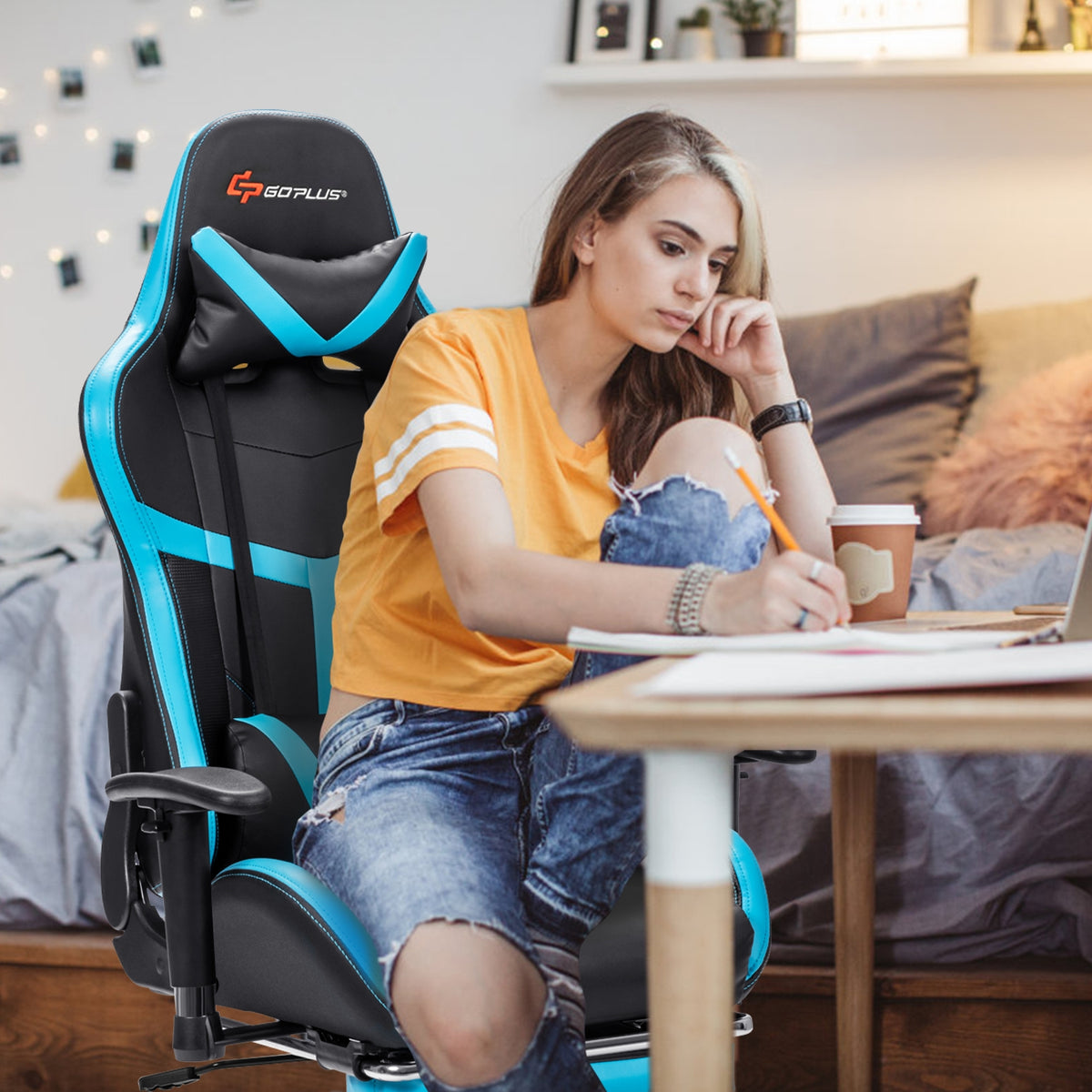 Reclining Racing Chair with Lumbar Support Footrest-Blue-Gaming Chairs-DECOROLALA