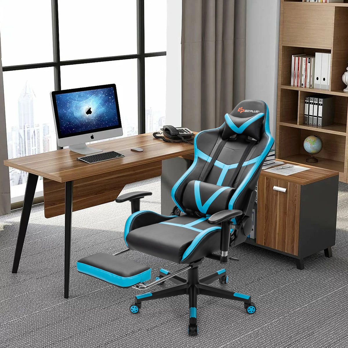 Reclining Racing Chair with Lumbar Support Footrest-Blue-Gaming Chairs-DECOROLALA