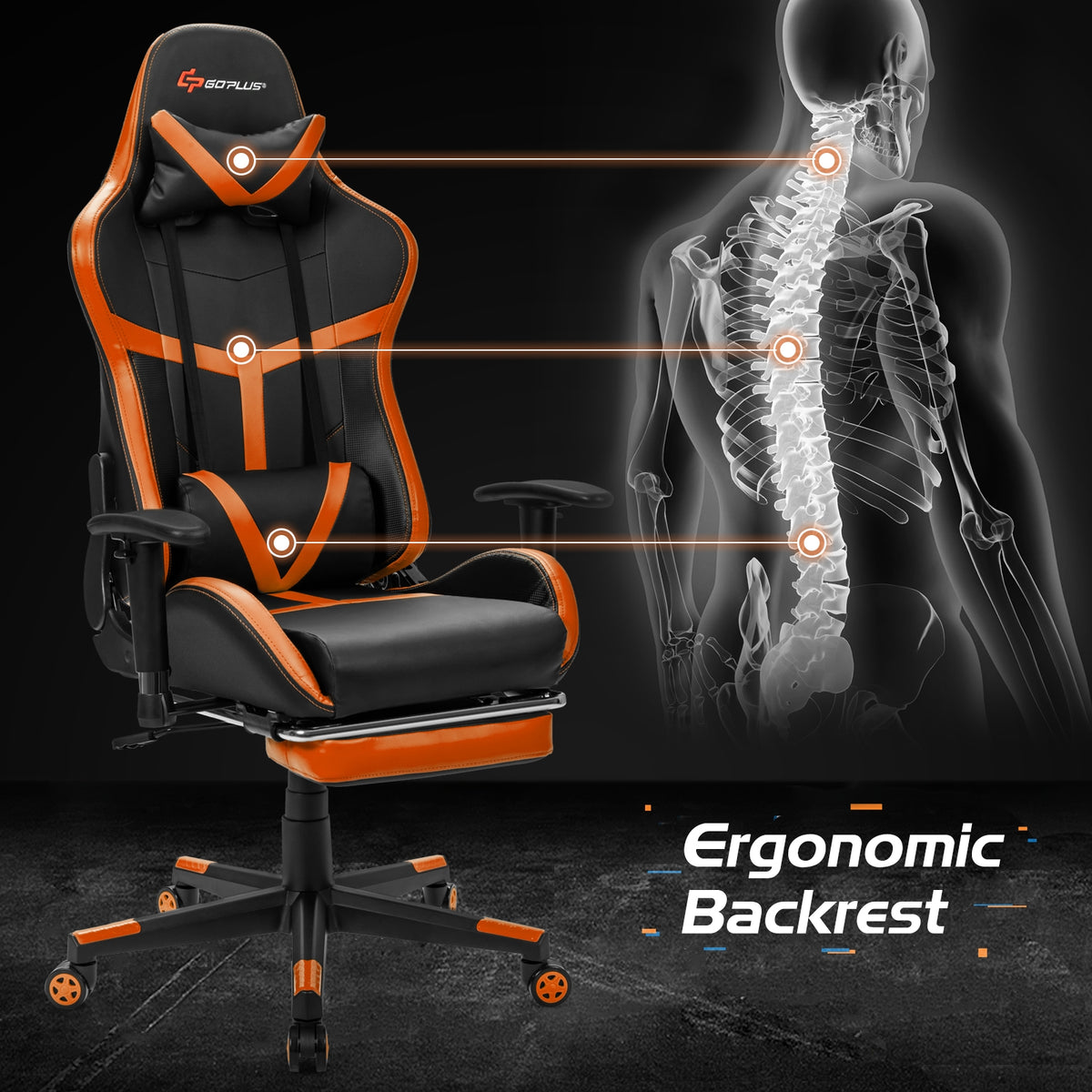 Reclining Racing Chair with Lumbar Support Footrest-Orange-Gaming Chairs-DECOROLALA