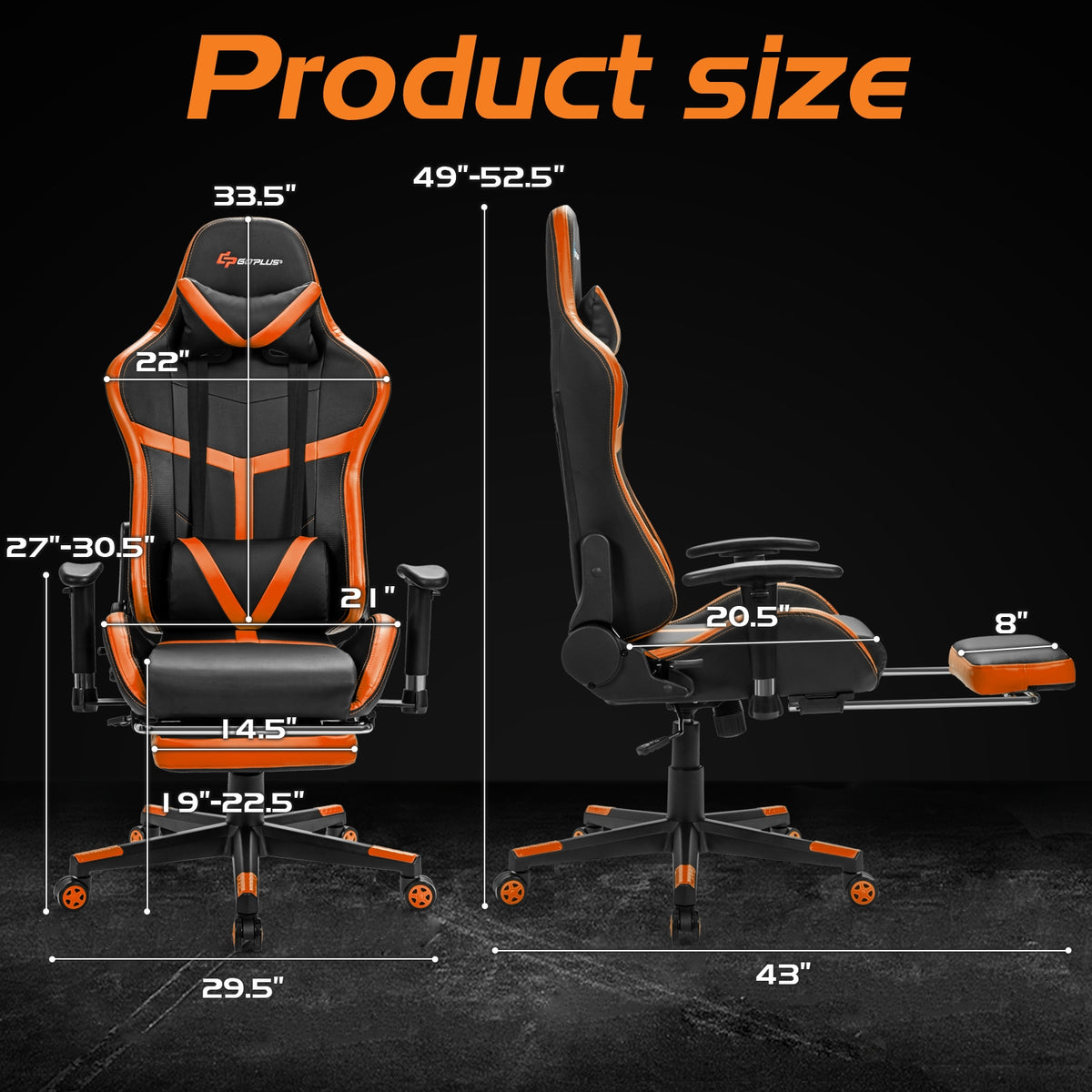Reclining Racing Chair with Lumbar Support Footrest-Orange-Gaming Chairs-DECOROLALA