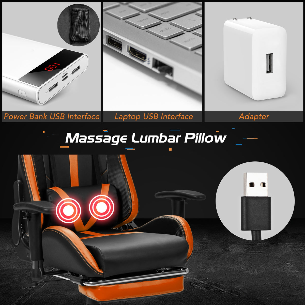 Reclining Racing Chair with Lumbar Support Footrest-Orange-Gaming Chairs-DECOROLALA