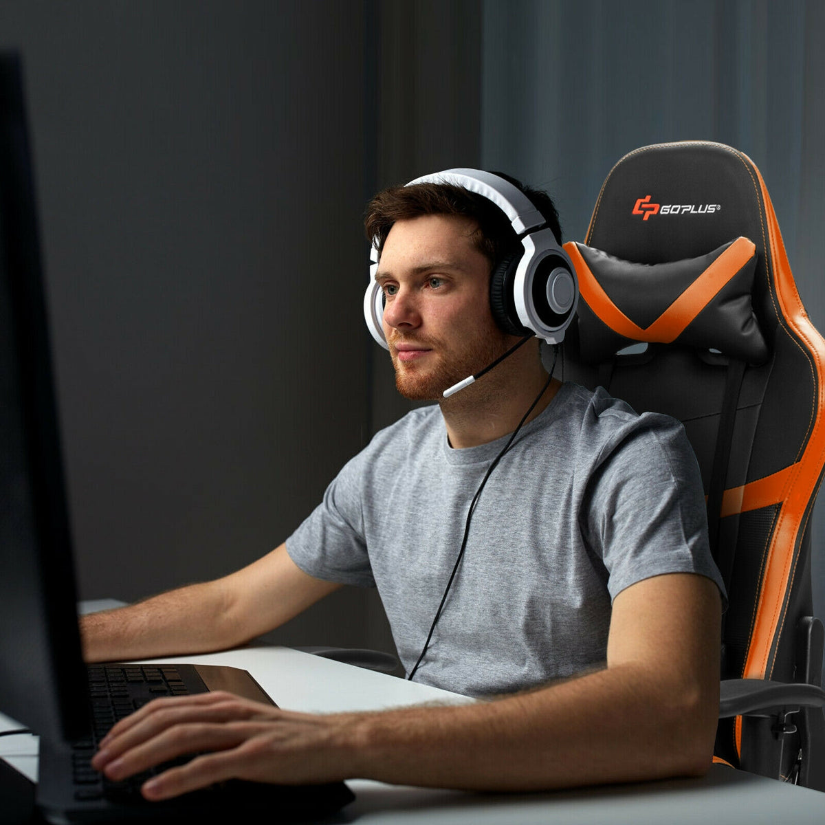 Reclining Racing Chair with Lumbar Support Footrest-Orange-Gaming Chairs-DECOROLALA