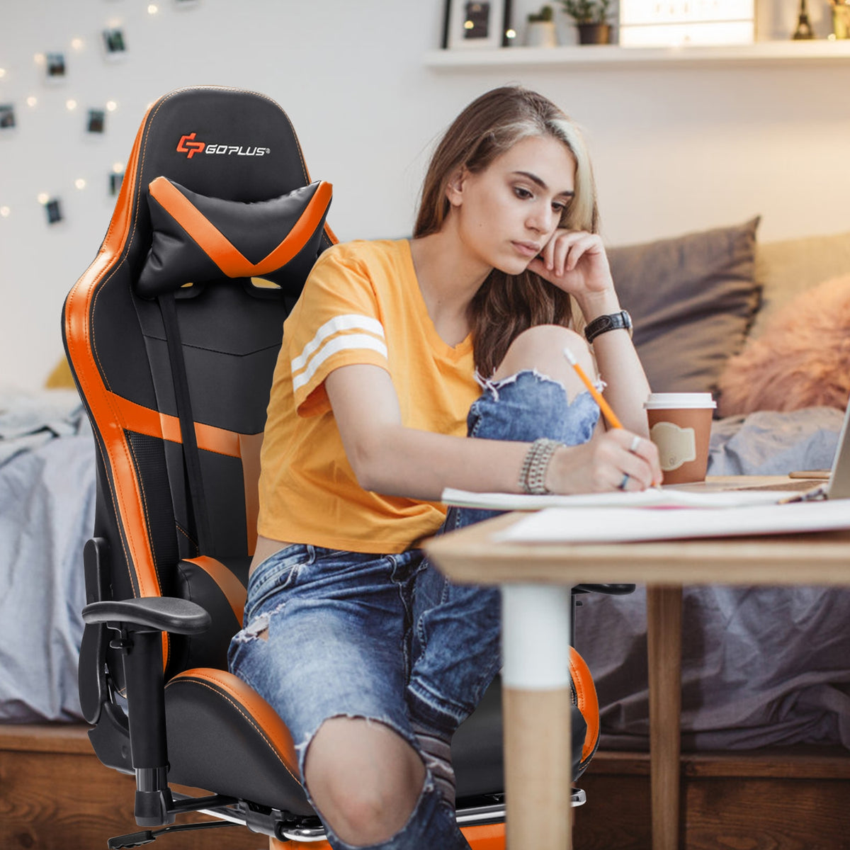 Reclining Racing Chair with Lumbar Support Footrest-Orange-Gaming Chairs-DECOROLALA