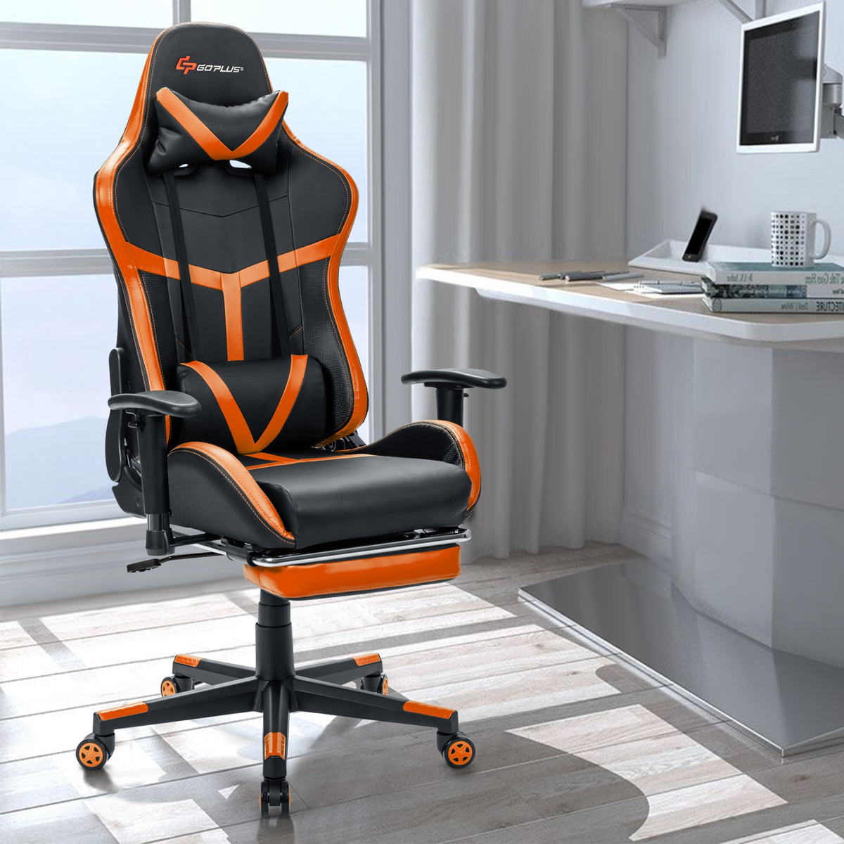 Reclining Racing Chair with Lumbar Support Footrest-Orange-Gaming Chairs-DECOROLALA