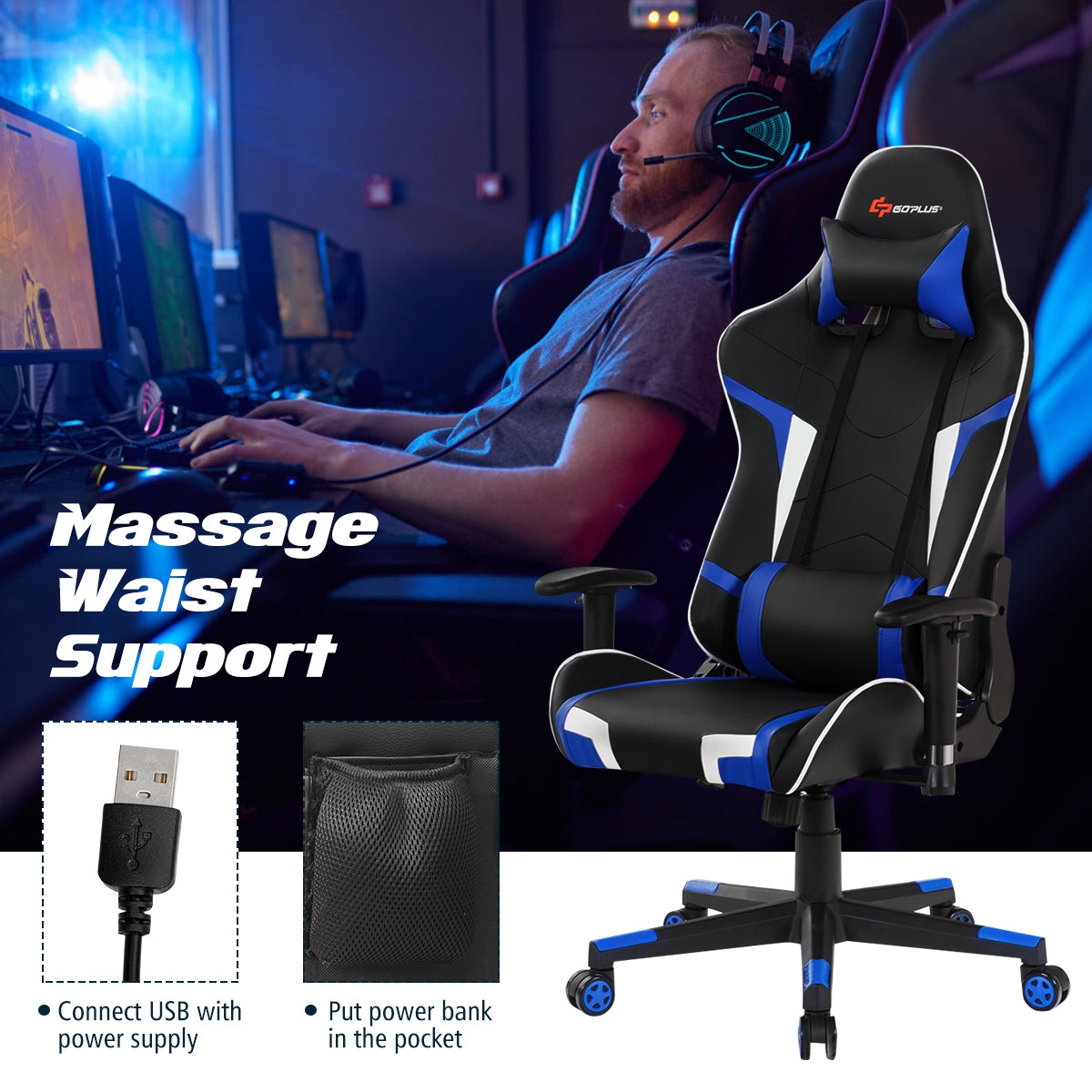 Reclining Swivel Massage Gaming Chair with Lumbar Support-Blue-Gaming Chairs-DECOROLALA