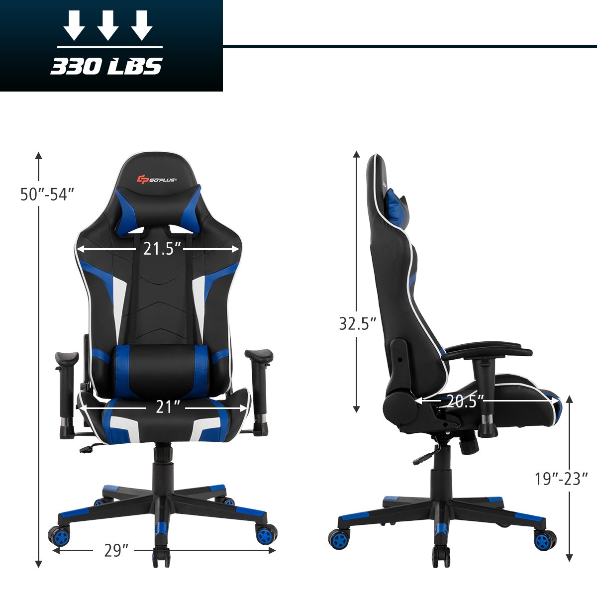 Reclining Swivel Massage Gaming Chair with Lumbar Support-Blue-Gaming Chairs-DECOROLALA