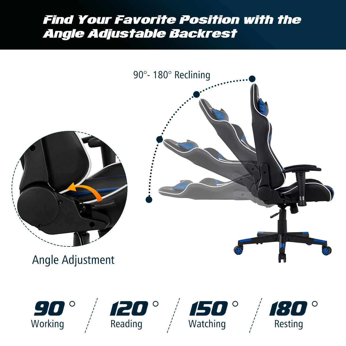 Reclining Swivel Massage Gaming Chair with Lumbar Support-Blue-Gaming Chairs-DECOROLALA