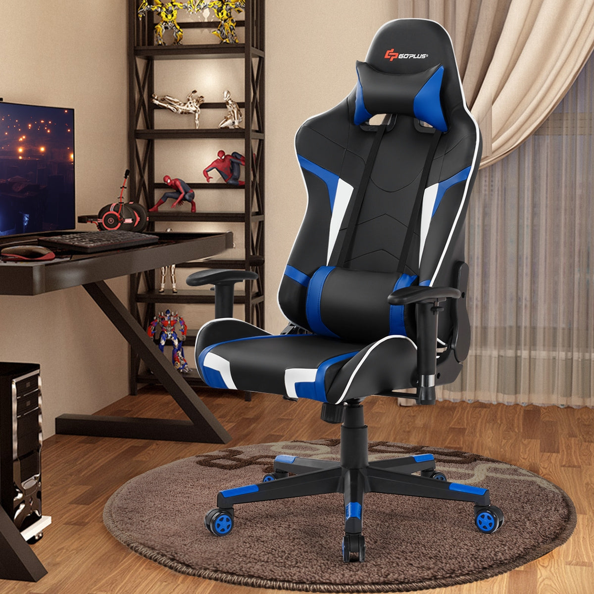 Reclining Swivel Massage Gaming Chair with Lumbar Support-Blue-Gaming Chairs-DECOROLALA