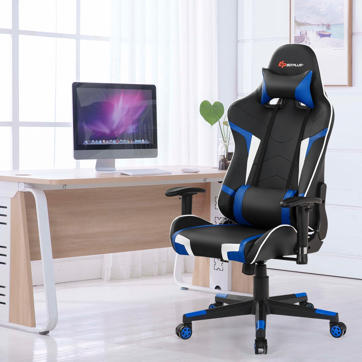 Reclining Swivel Massage Gaming Chair with Lumbar Support-Blue-Gaming Chairs-DECOROLALA