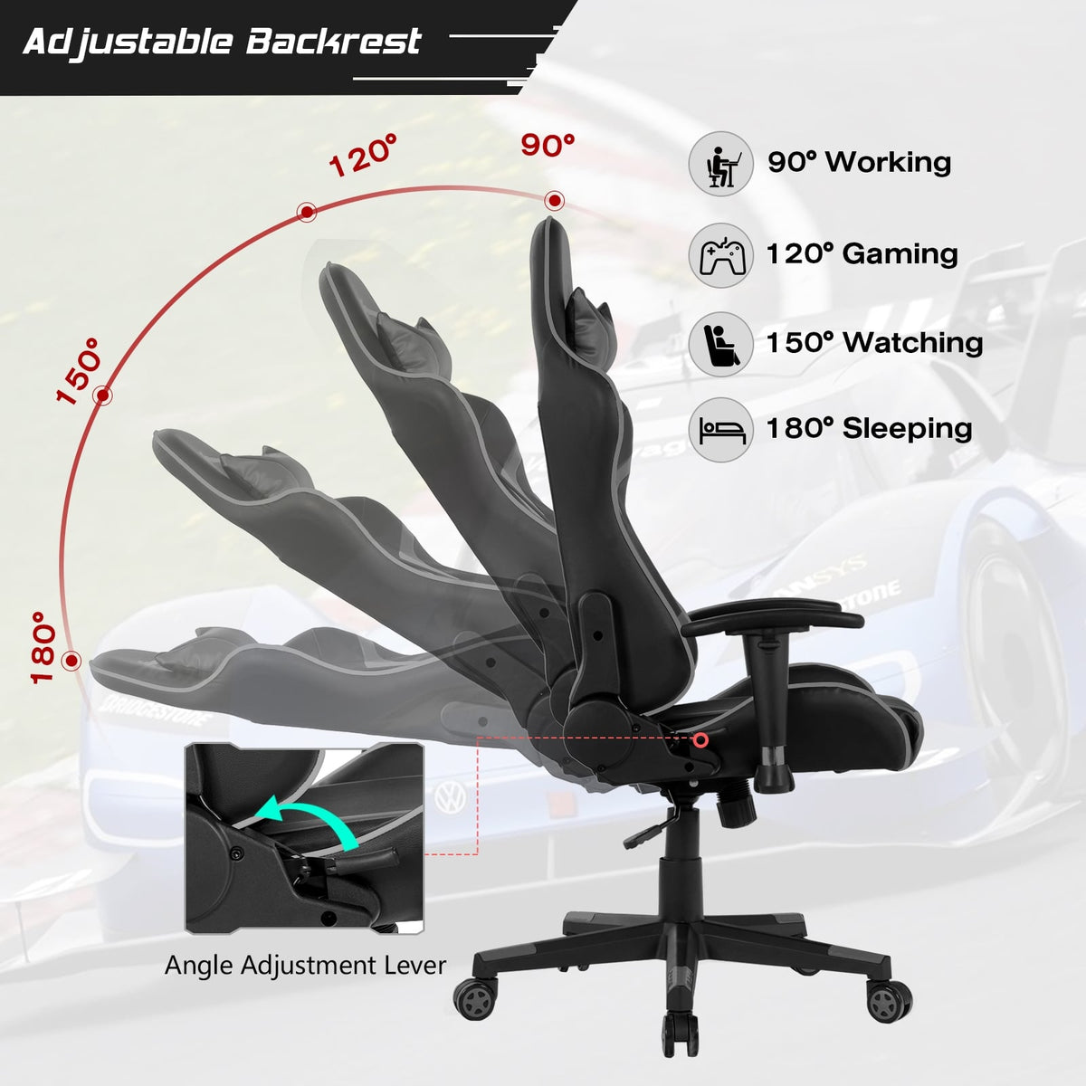 Reclining Swivel Massage Gaming Chair with Lumbar Support-Gray-Gaming Chairs-DECOROLALA