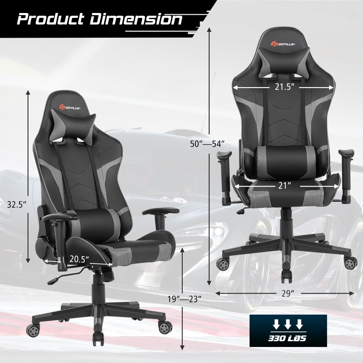 Reclining Swivel Massage Gaming Chair with Lumbar Support-Gray-Gaming Chairs-DECOROLALA
