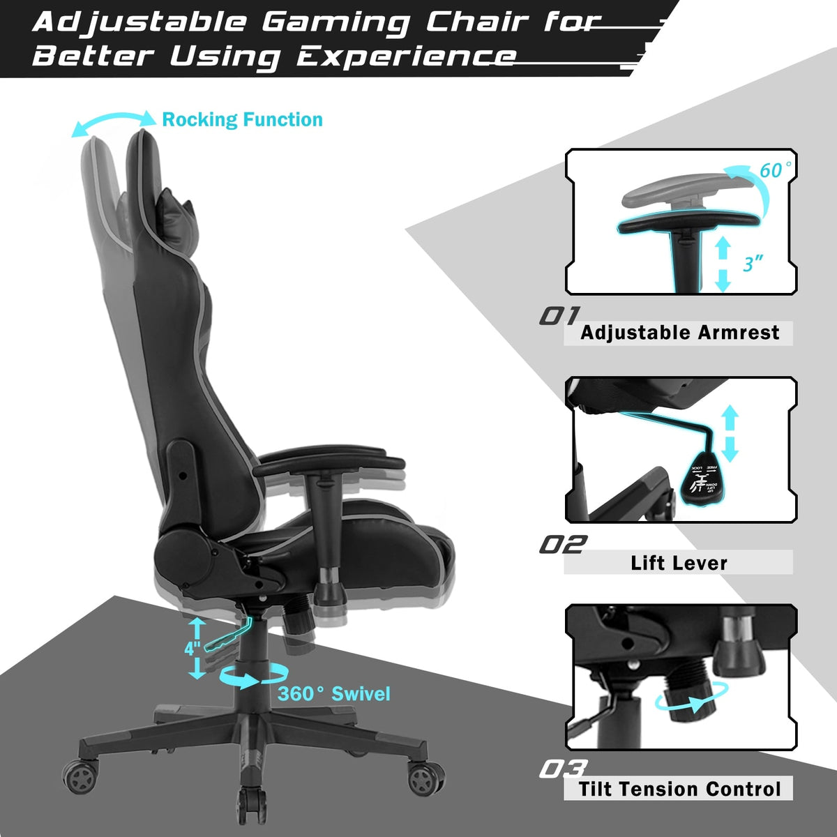 Reclining Swivel Massage Gaming Chair with Lumbar Support-Gray-Gaming Chairs-DECOROLALA