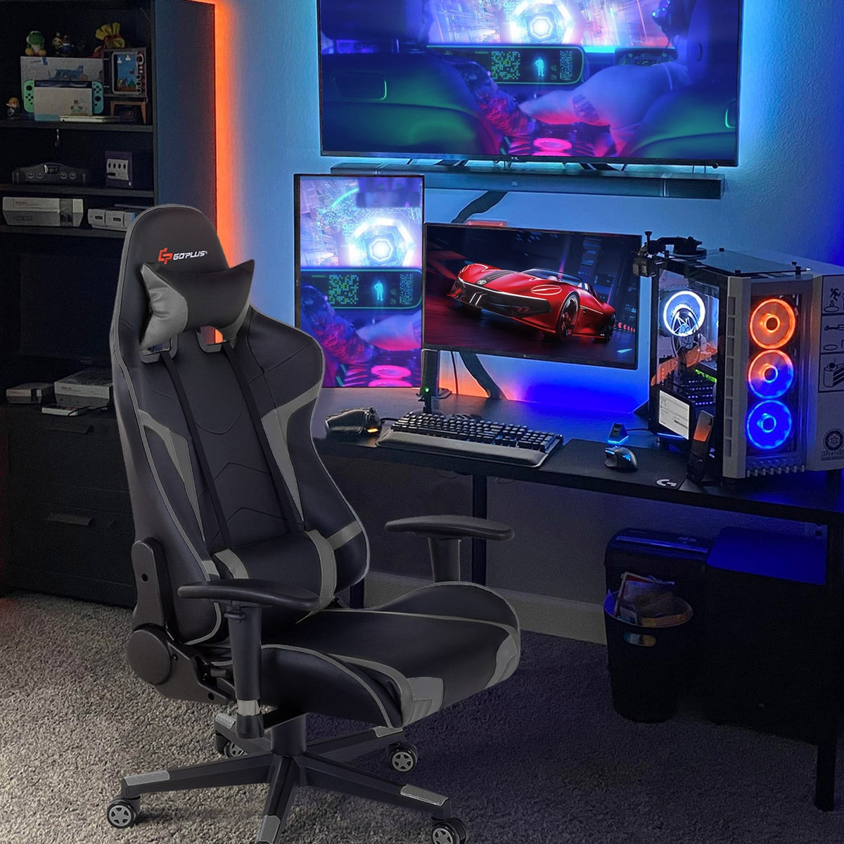 Reclining Swivel Massage Gaming Chair with Lumbar Support-Gray-Gaming Chairs-DECOROLALA
