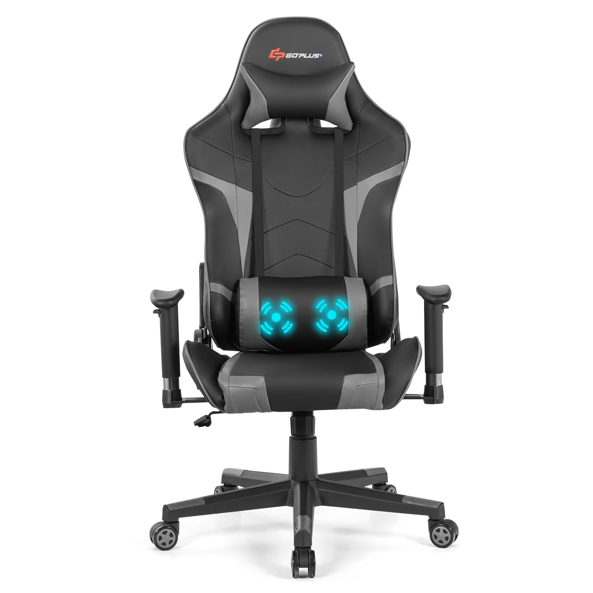 Reclining Swivel Massage Gaming Chair with Lumbar Support-Gray-Gaming Chairs-DECOROLALA