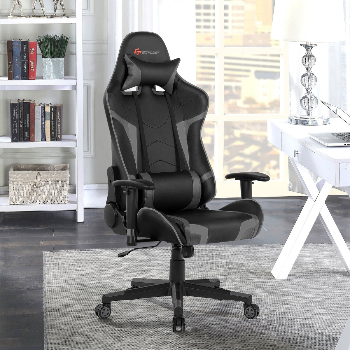 Reclining Swivel Massage Gaming Chair with Lumbar Support-Gray-Gaming Chairs-DECOROLALA