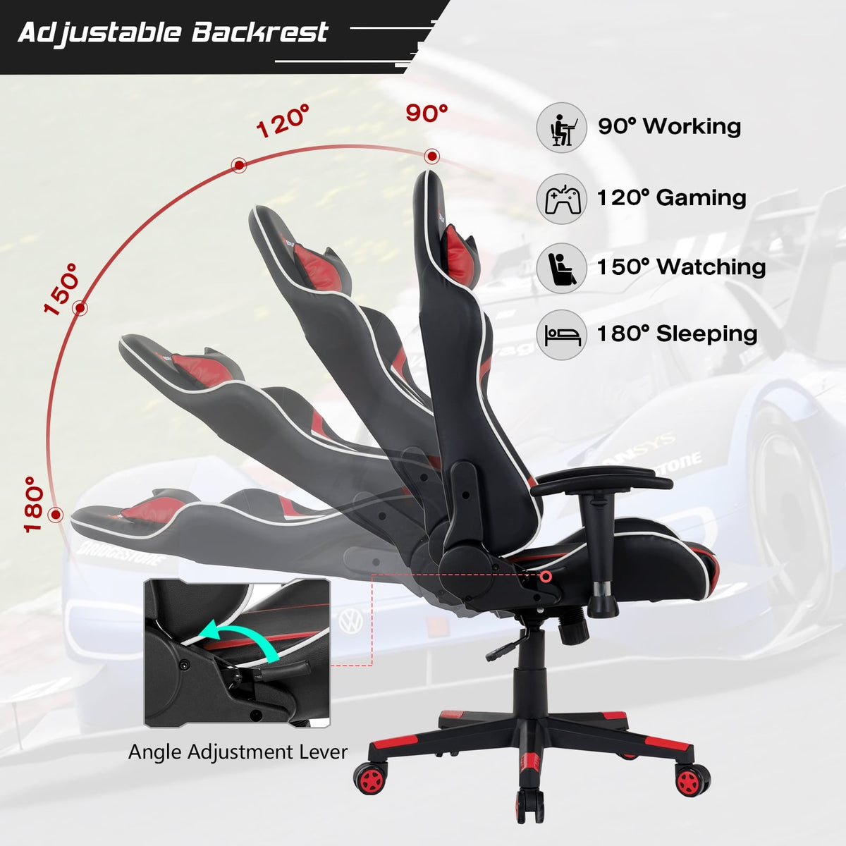 Reclining Swivel Massage Gaming Chair with Lumbar Support-Red-Gaming Chairs-DECOROLALA