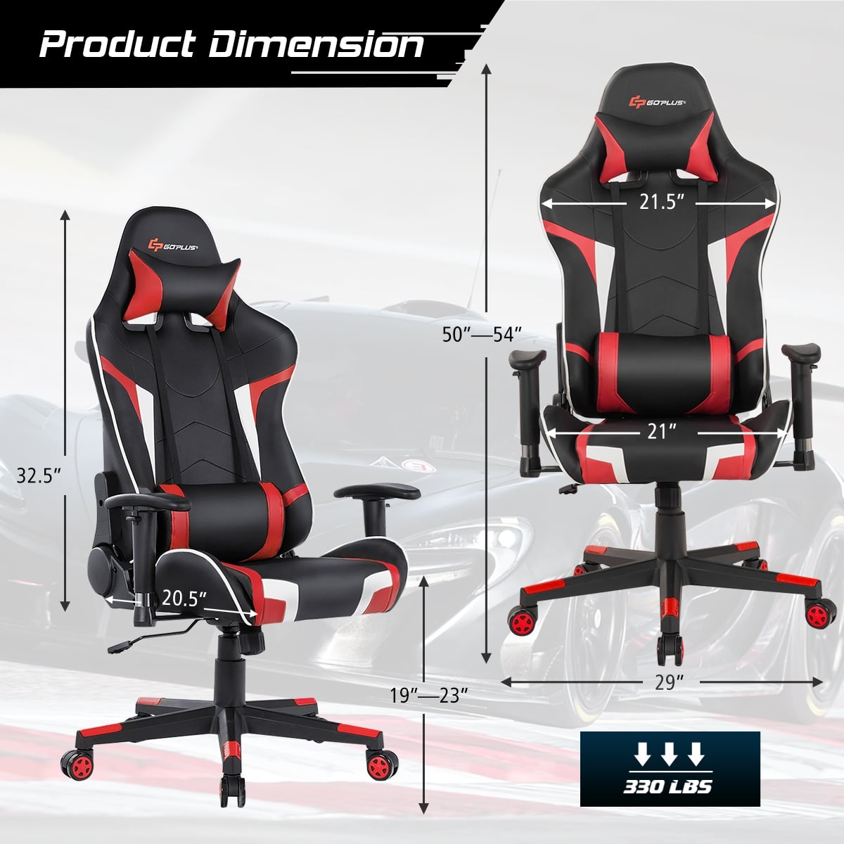 Reclining Swivel Massage Gaming Chair with Lumbar Support-Red-Gaming Chairs-DECOROLALA