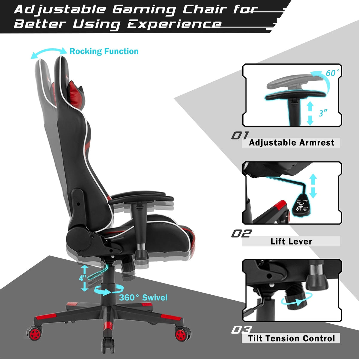 Reclining Swivel Massage Gaming Chair with Lumbar Support-Red-Gaming Chairs-DECOROLALA
