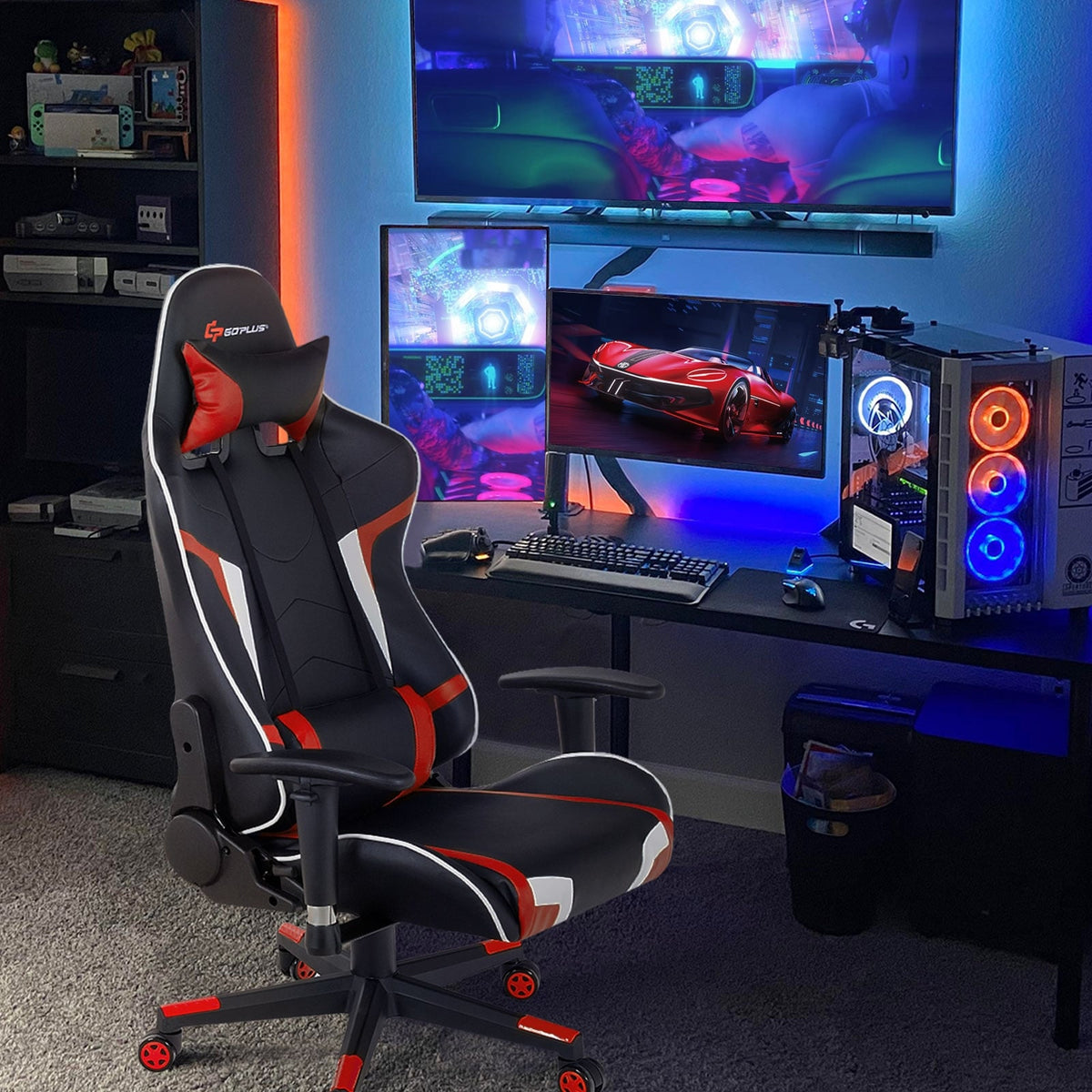 Reclining Swivel Massage Gaming Chair with Lumbar Support-Red-Gaming Chairs-DECOROLALA