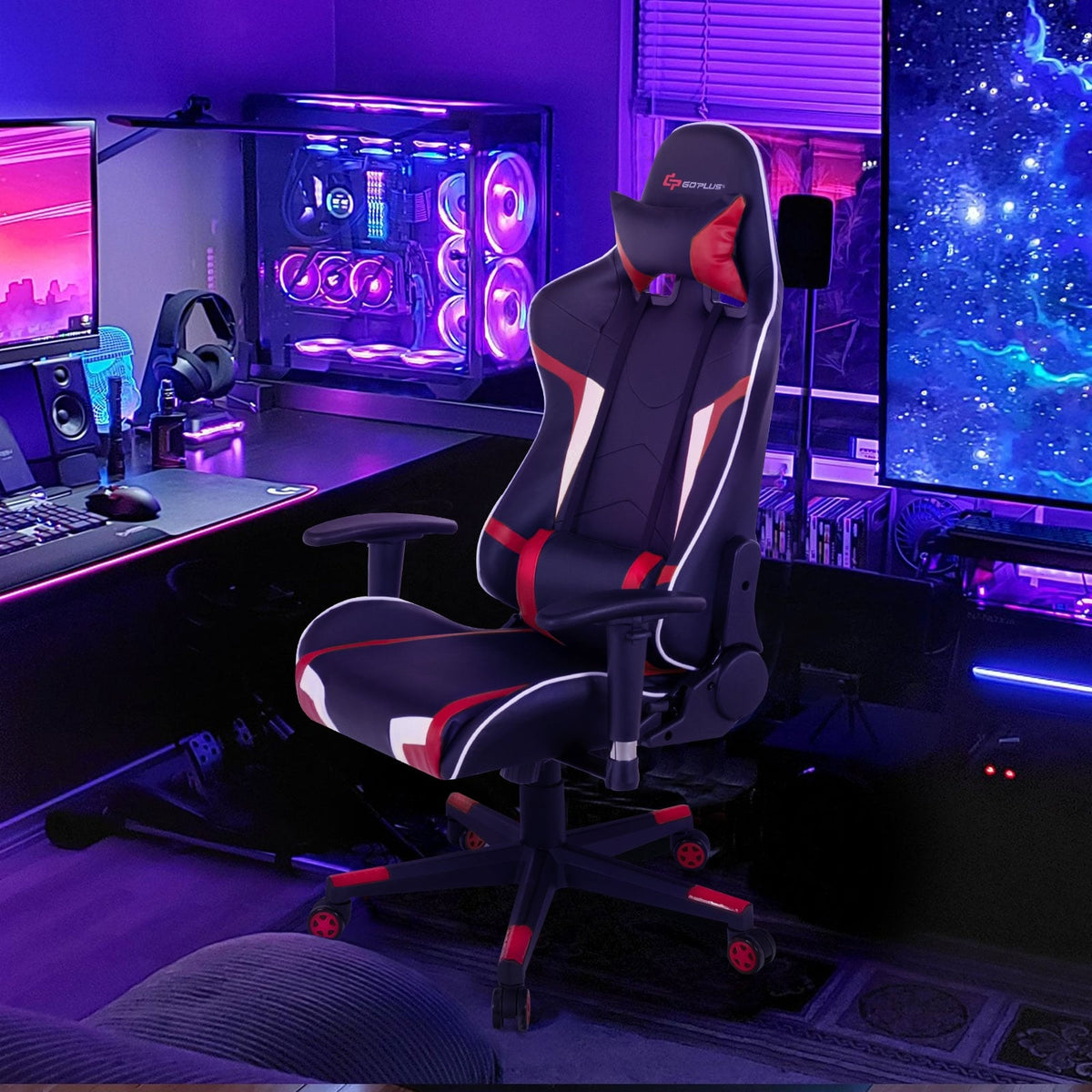 Reclining Swivel Massage Gaming Chair with Lumbar Support-Red-Gaming Chairs-DECOROLALA