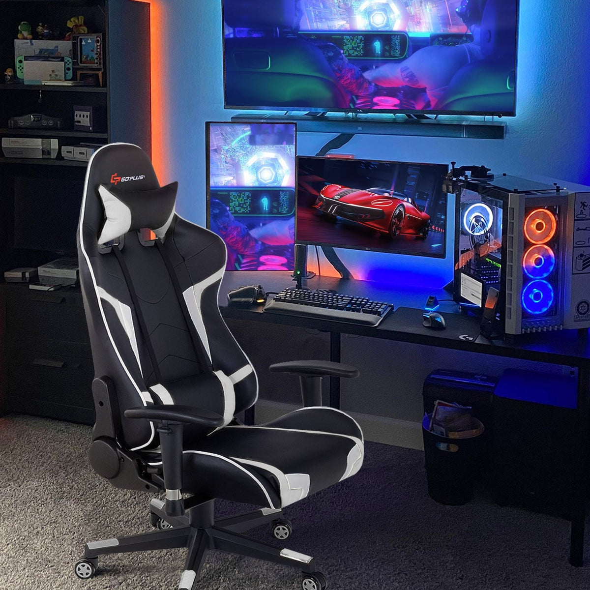 Reclining Swivel Massage Gaming Chair with Lumbar Support-White-Gaming Chairs-DECOROLALA