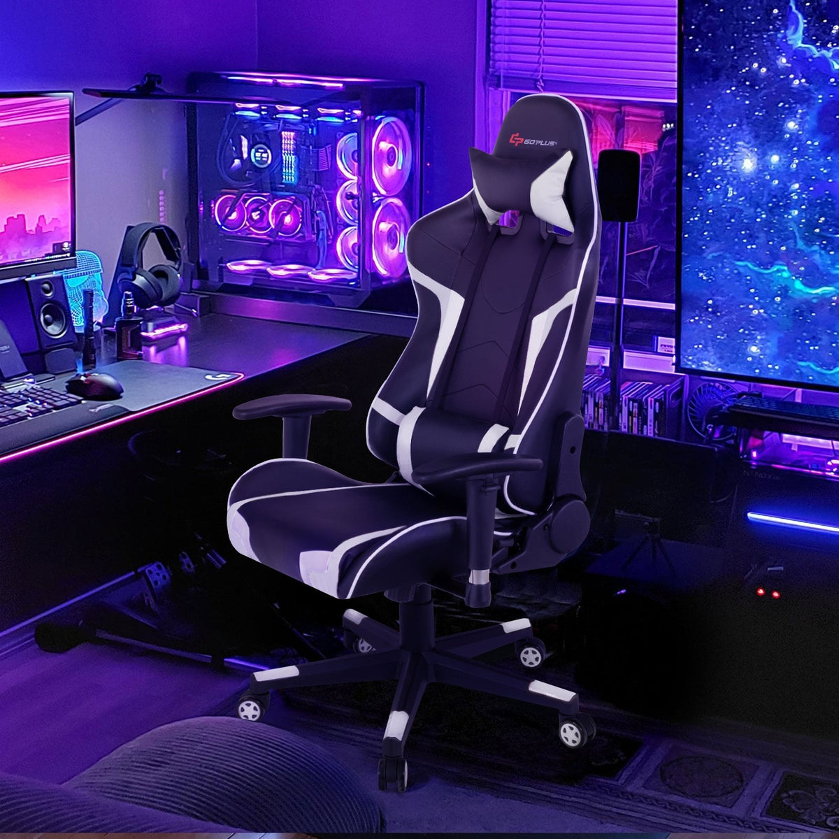 Reclining Swivel Massage Gaming Chair with Lumbar Support-White-Gaming Chairs-DECOROLALA