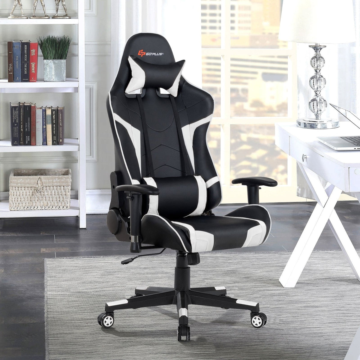Reclining Swivel Massage Gaming Chair with Lumbar Support-White-Gaming Chairs-DECOROLALA