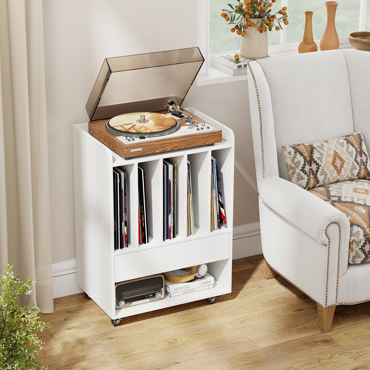 Record Player Stand Turntable Stand with Drawer and Record Holder-White-Storage Cabinets & Chests-DECOROLALA