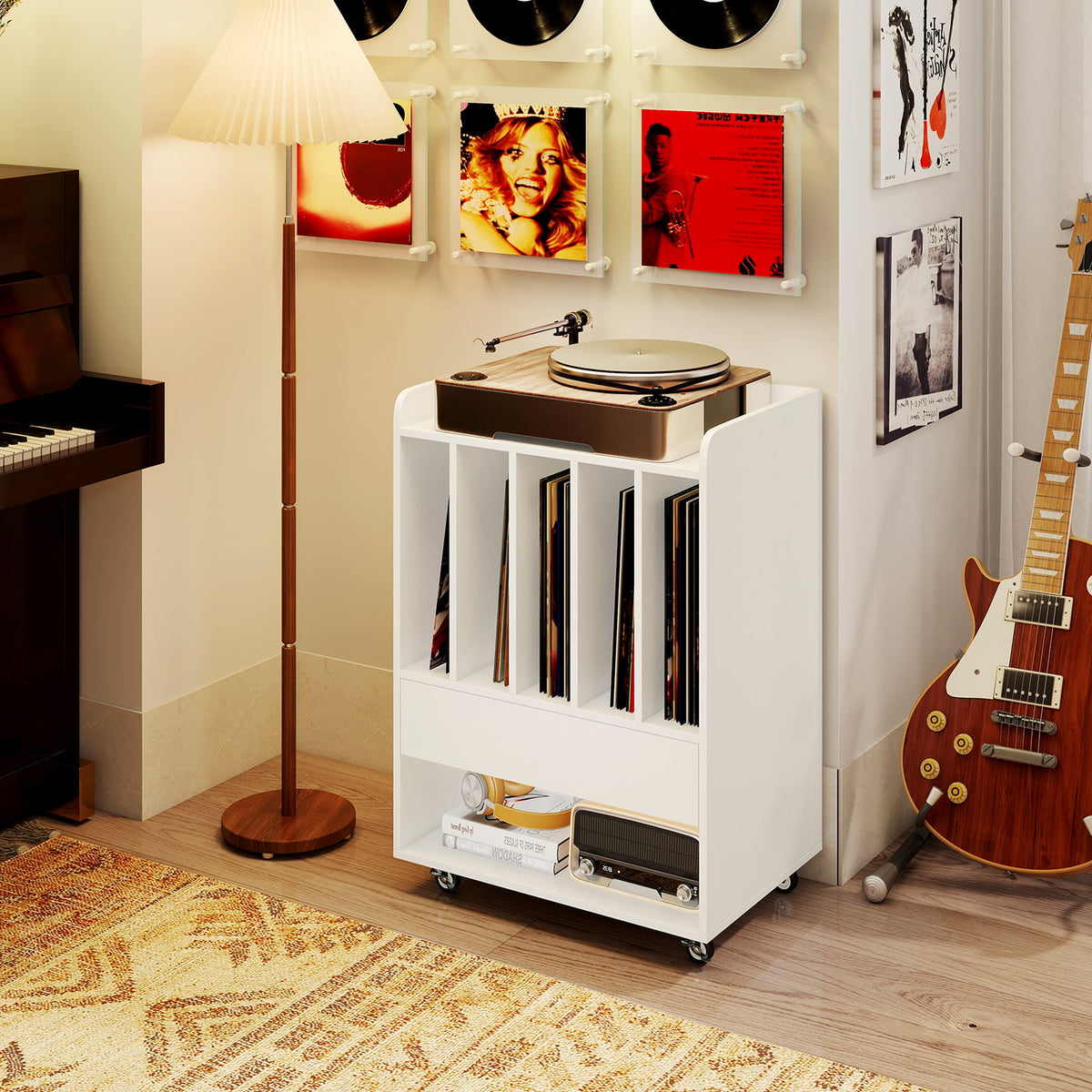 Record Player Stand Turntable Stand with Drawer and Record Holder-White-Storage Cabinets & Chests-DECOROLALA