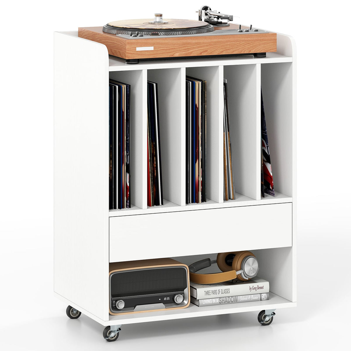 Record Player Stand Turntable Stand with Drawer and Record Holder-White-Storage Cabinets & Chests-DECOROLALA