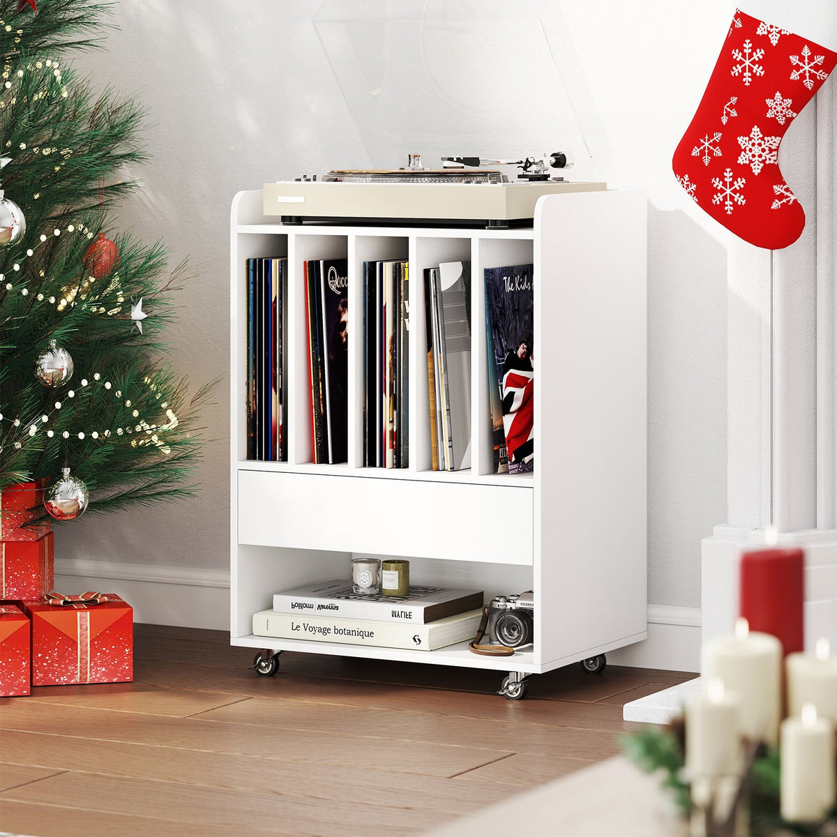 Record Player Stand Turntable Stand with Drawer and Record Holder-White-Storage Cabinets & Chests-DECOROLALA