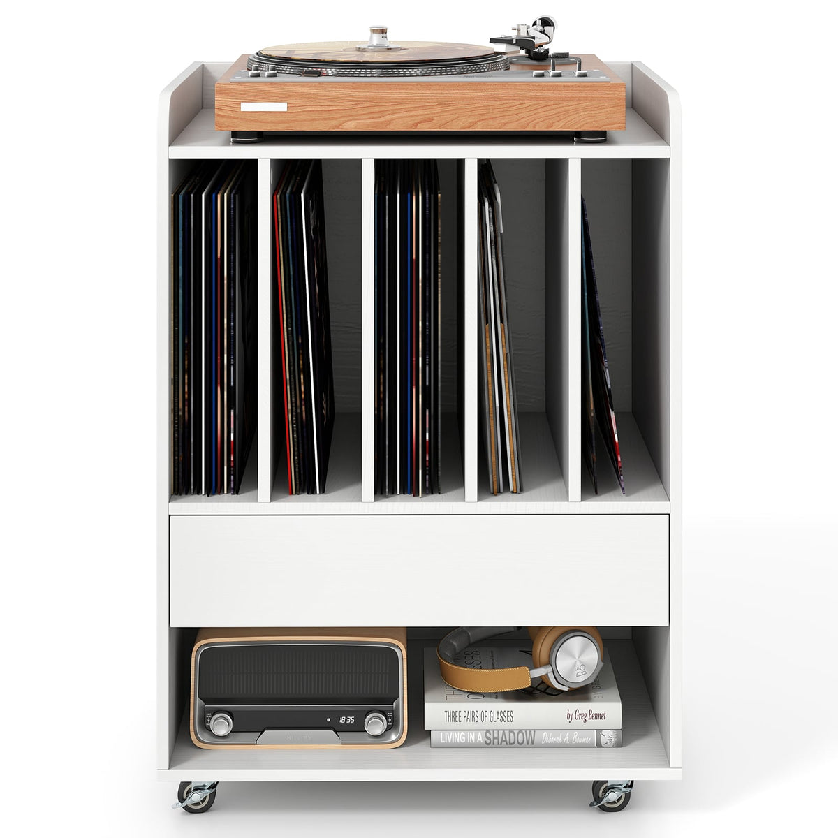 Record Player Stand Turntable Stand with Drawer and Record Holder-White-Storage Cabinets & Chests-DECOROLALA