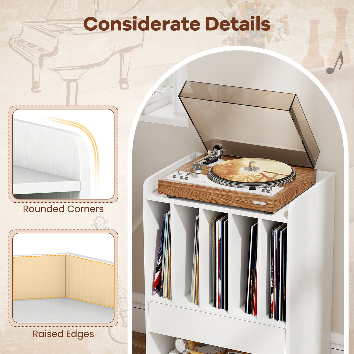 Record Player Stand Turntable Stand with Drawer and Record Holder-White-Storage Cabinets & Chests-DECOROLALA