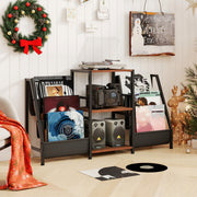 Record Player Stand for up to 200 Albums Turntable Display Stand with 3 Shelves-Rustic Brown-End & Side Tables-DECOROLALA