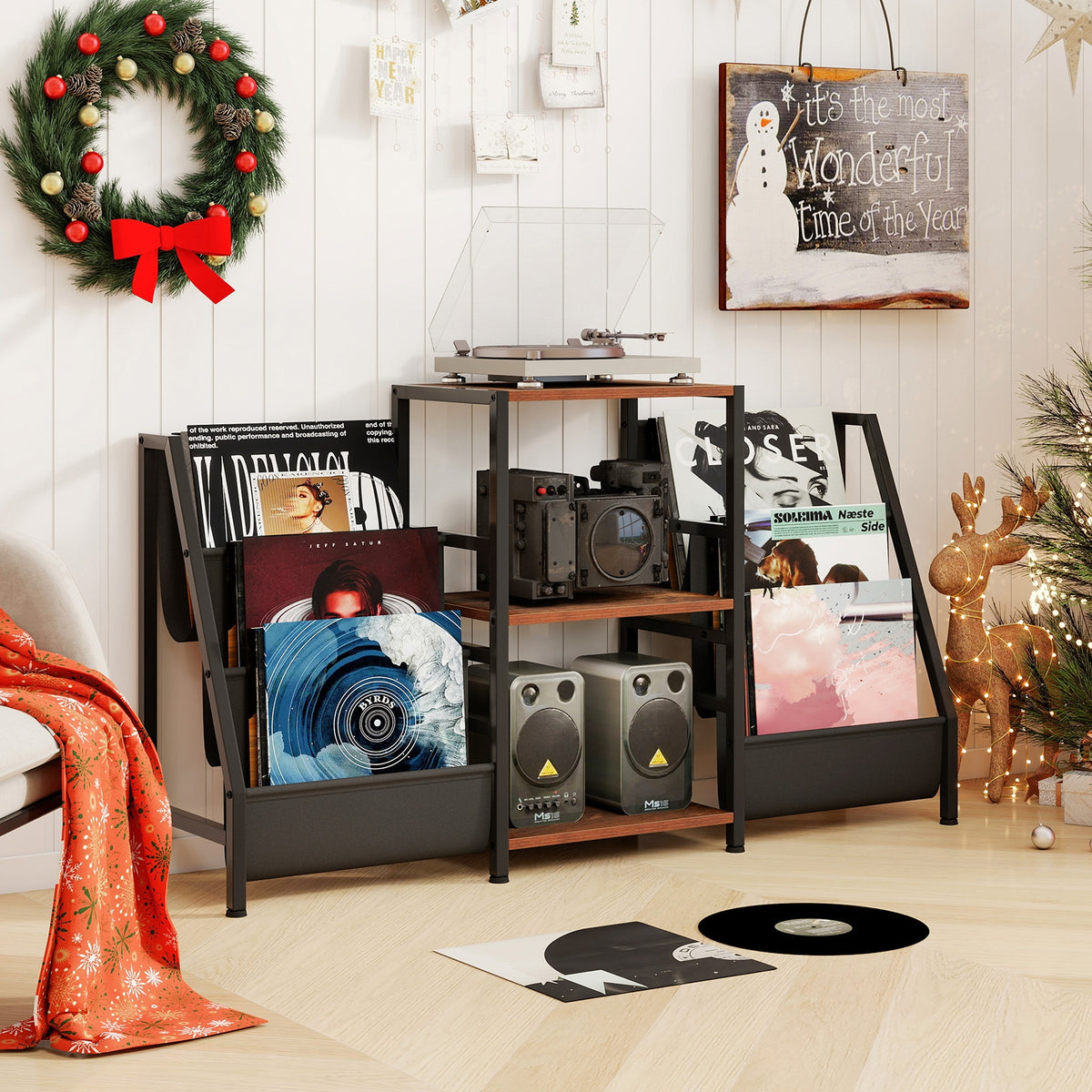 Record Player Stand for up to 200 Albums Turntable Display Stand with 3 Shelves-Rustic Brown-End & Side Tables-DECOROLALA