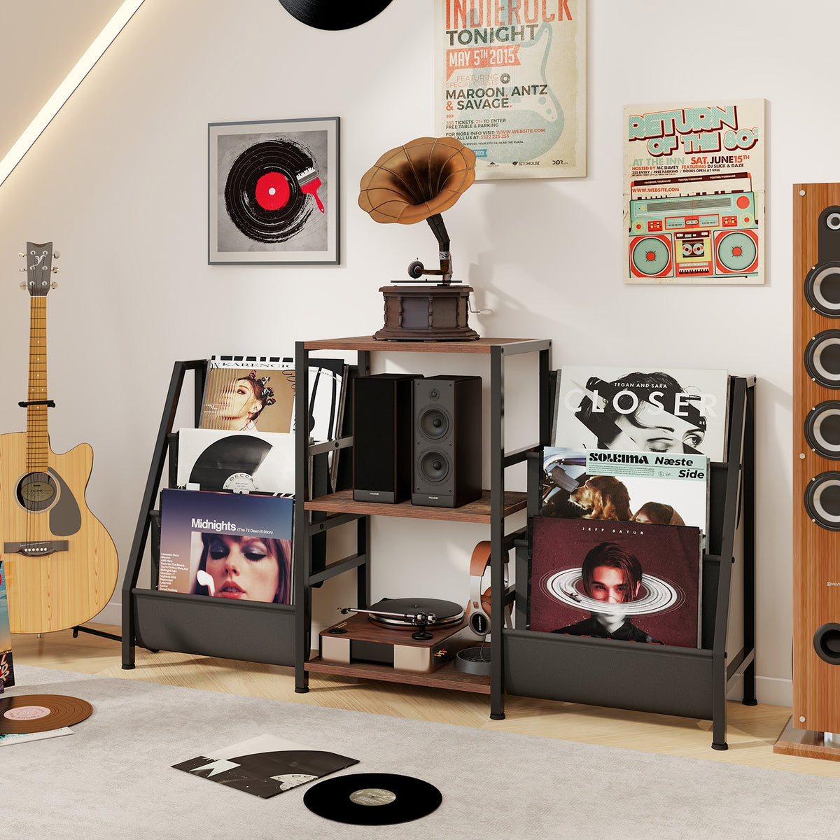 Record Player Stand for up to 200 Albums Turntable Display Stand with 3 Shelves-Rustic Brown-End & Side Tables-DECOROLALA