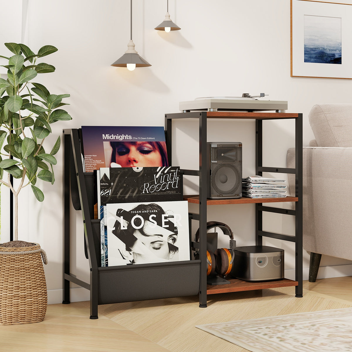 Record Player Stand for up to 200 Albums Turntable Display Stand with 3 Shelves-Rustic Brown-End & Side Tables-DECOROLALA